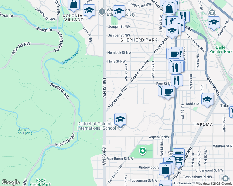 map of restaurants, bars, coffee shops, grocery stores, and more near 7142 Alaska Avenue Northwest in Washington