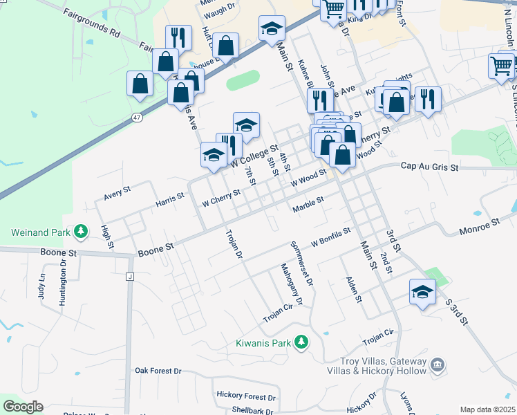 map of restaurants, bars, coffee shops, grocery stores, and more near 740 West Wood Street in Troy