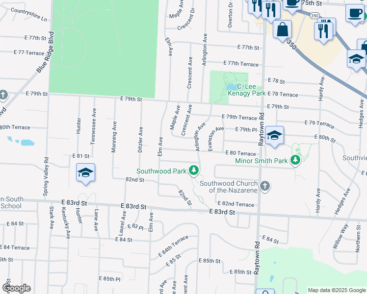 map of restaurants, bars, coffee shops, grocery stores, and more near 9403 East 80th Street in Raytown