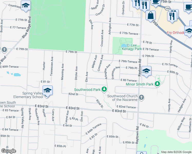 map of restaurants, bars, coffee shops, grocery stores, and more near 9403 East 80th Street in Raytown