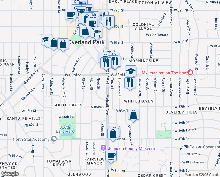 map of restaurants, bars, coffee shops, grocery stores, and more near 8346 Metcalf Avenue in Overland Park