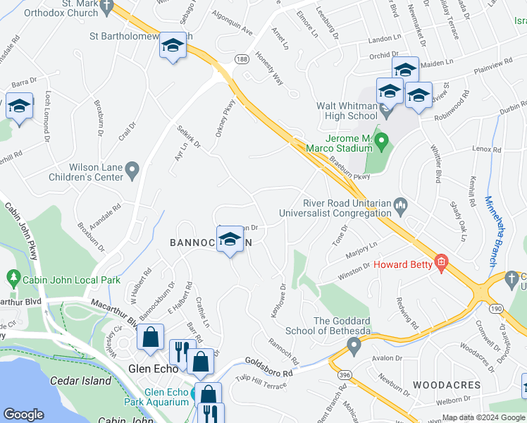 map of restaurants, bars, coffee shops, grocery stores, and more near 6609 Selkirk Drive in Bethesda