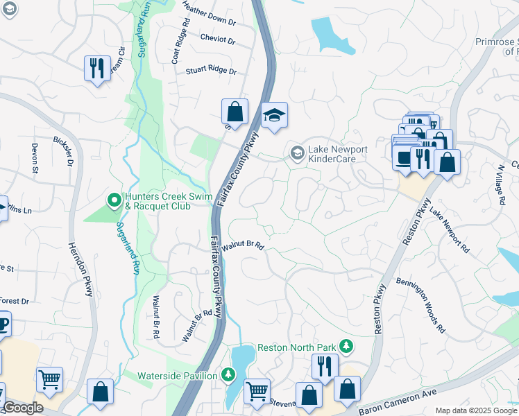 map of restaurants, bars, coffee shops, grocery stores, and more near 1570 Poplar Grove Drive in Reston