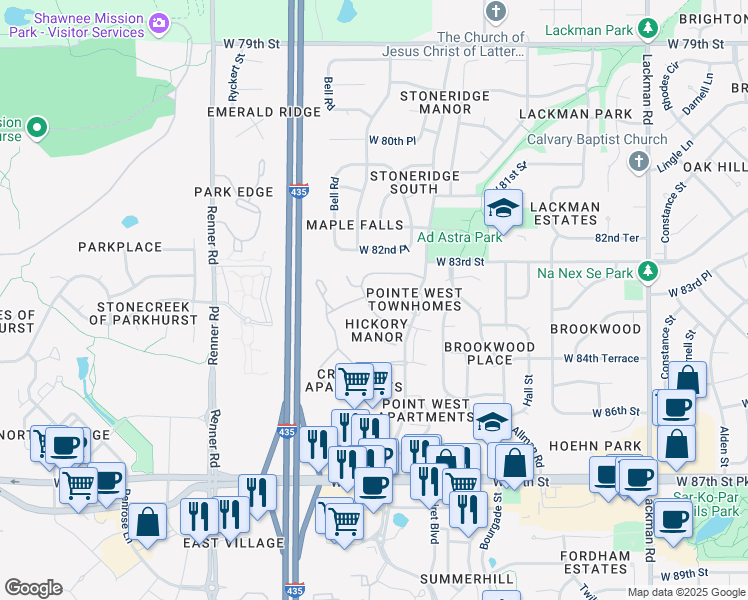 map of restaurants, bars, coffee shops, grocery stores, and more near 16105 West 84th Street in Lenexa