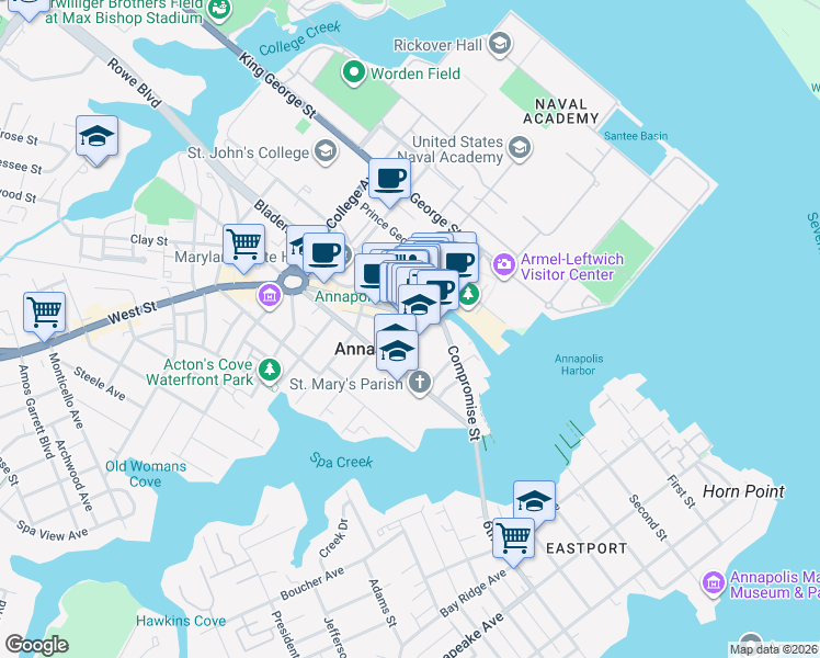 map of restaurants, bars, coffee shops, grocery stores, and more near 187 Green Street in Annapolis