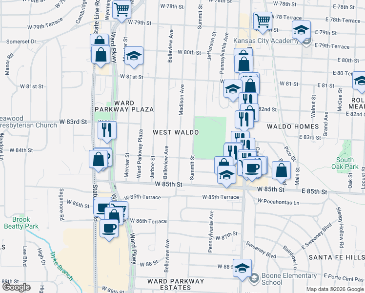 map of restaurants, bars, coffee shops, grocery stores, and more near 8331 Madison Avenue in Kansas City