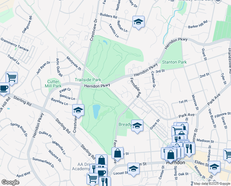 map of restaurants, bars, coffee shops, grocery stores, and more near 1117 Burwick Drive in Herndon