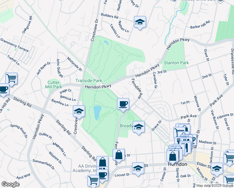 map of restaurants, bars, coffee shops, grocery stores, and more near 1117 Burwick Drive in Herndon