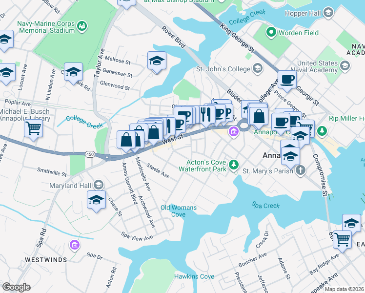 map of restaurants, bars, coffee shops, grocery stores, and more near 141 West Street in Annapolis