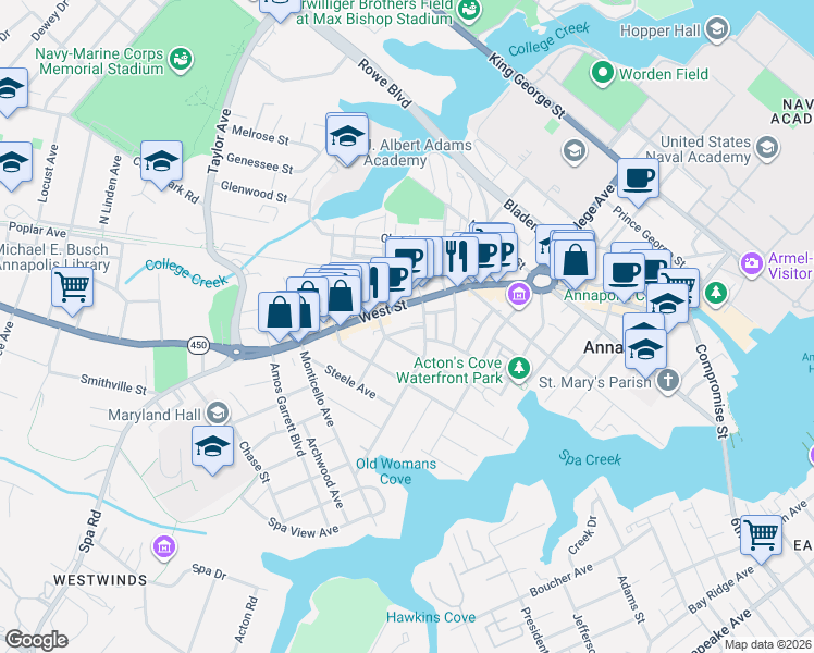 map of restaurants, bars, coffee shops, grocery stores, and more near 9 Morris Street in Annapolis