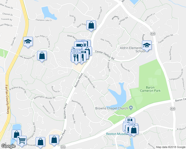 map of restaurants, bars, coffee shops, grocery stores, and more near 11616 Chapel Cross Way in Reston