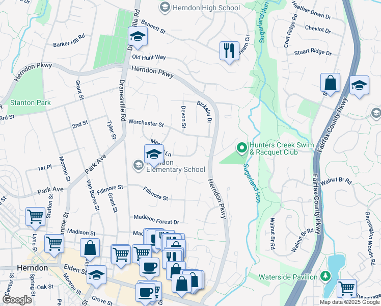 map of restaurants, bars, coffee shops, grocery stores, and more near 1000 Windcroft Glen Court in Herndon