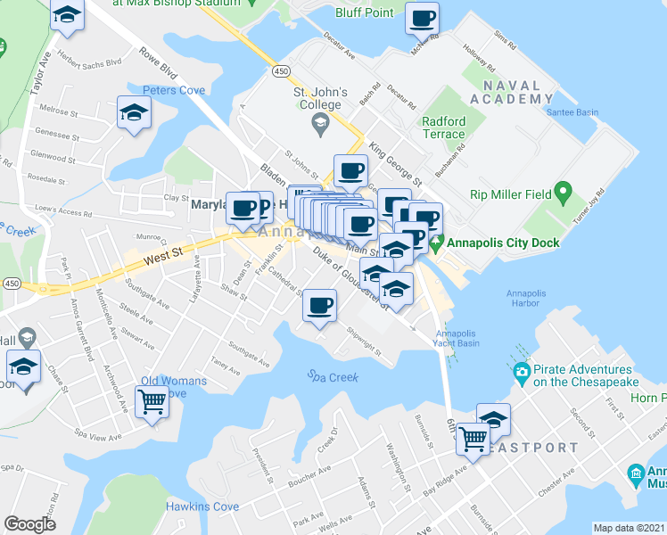 map of restaurants, bars, coffee shops, grocery stores, and more near 187 Duke of Gloucester Street in Annapolis
