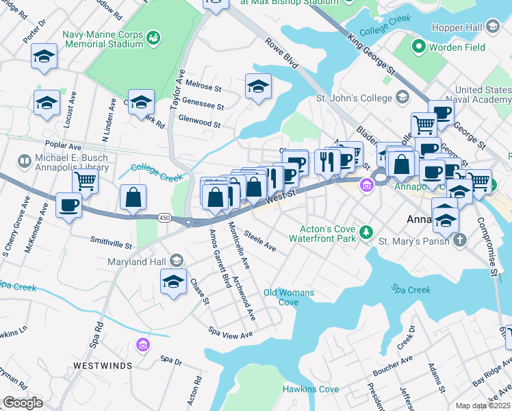 map of restaurants, bars, coffee shops, grocery stores, and more near 201 Annapolis Street in Annapolis