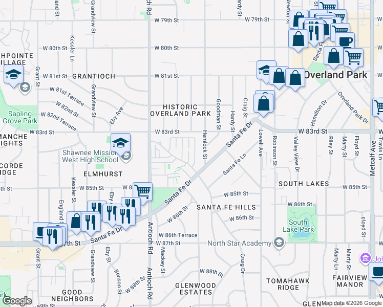 map of restaurants, bars, coffee shops, grocery stores, and more near 8324 Hadley Street in Overland Park