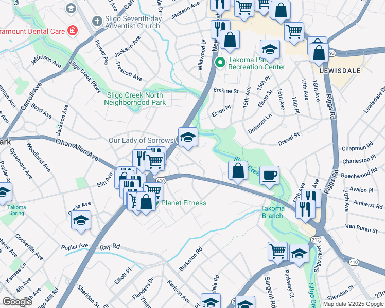 map of restaurants, bars, coffee shops, grocery stores, and more near 1010 Larch Avenue in Takoma Park