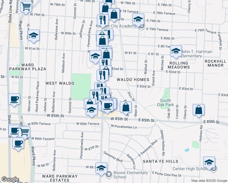 map of restaurants, bars, coffee shops, grocery stores, and more near 206 West 83rd Terrace in Kansas City