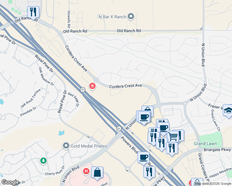 map of restaurants, bars, coffee shops, grocery stores, and more near 10023 Crews Gulch Trail in Colorado Springs