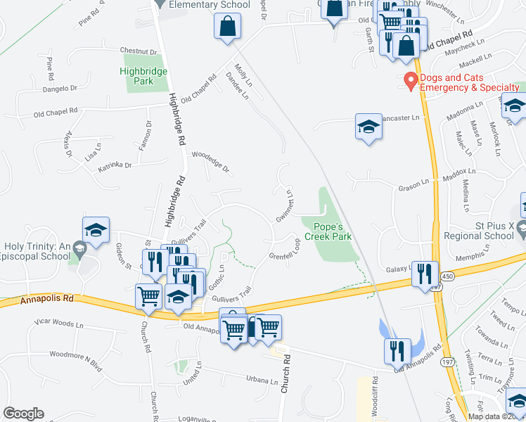 map of restaurants, bars, coffee shops, grocery stores, and more near 13802 Gullivers Trail in Bowie