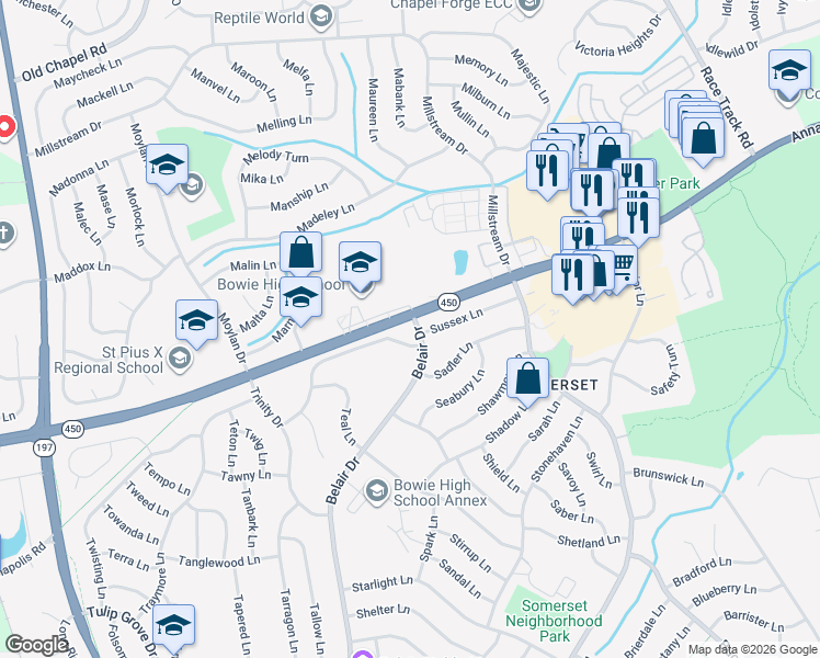 map of restaurants, bars, coffee shops, grocery stores, and more near 3134 Belair Drive in Bowie