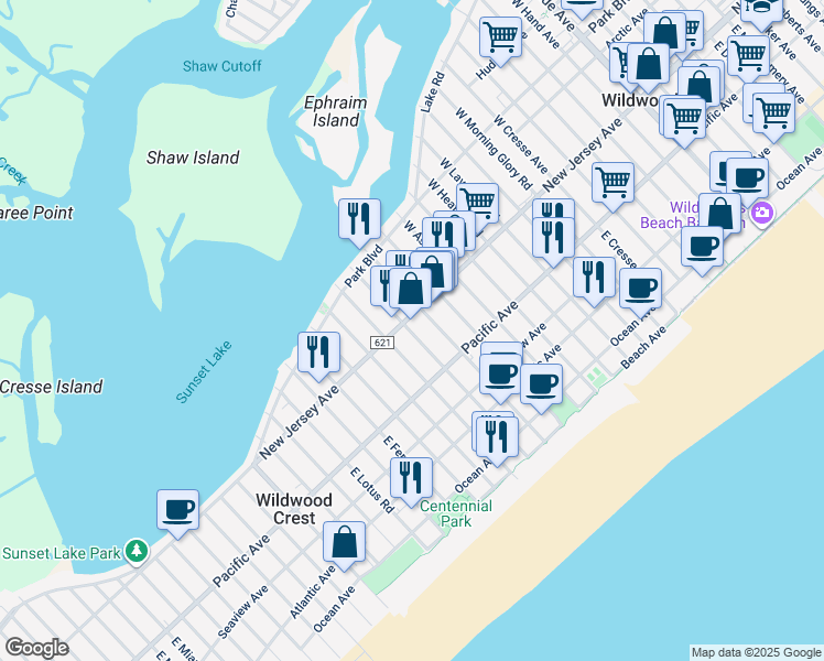 map of restaurants, bars, coffee shops, grocery stores, and more near 6205 New Jersey Avenue in Wildwood Crest