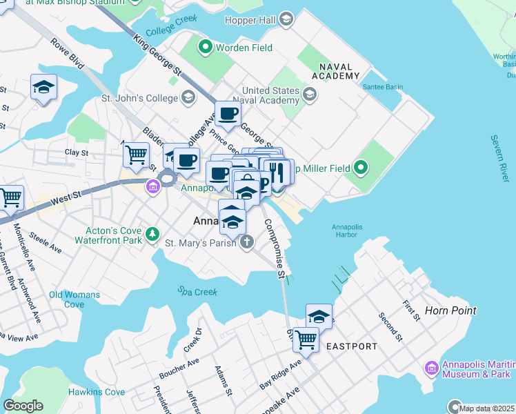 map of restaurants, bars, coffee shops, grocery stores, and more near 81 Main Street in Annapolis