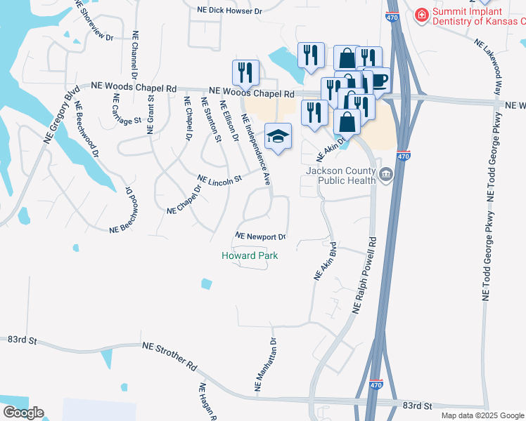 map of restaurants, bars, coffee shops, grocery stores, and more near 3572 Northeast Independence Avenue in Lee's Summit