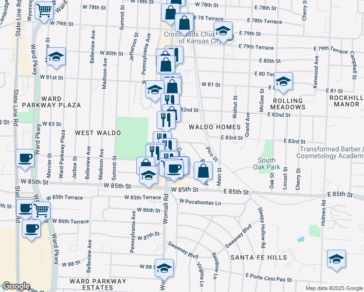 map of restaurants, bars, coffee shops, grocery stores, and more near 206 West 83rd Terrace in Kansas City