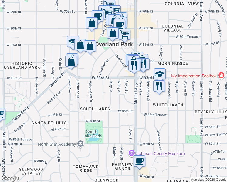 map of restaurants, bars, coffee shops, grocery stores, and more near 8321 Riley Street in Overland Park