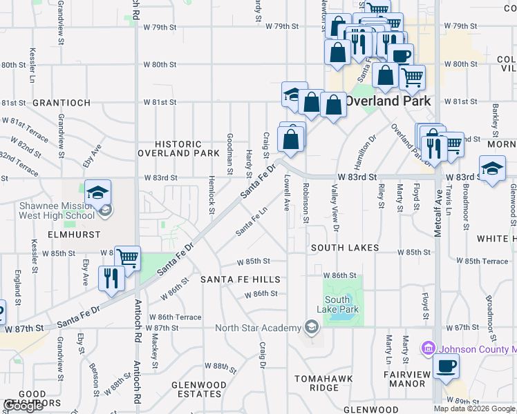 map of restaurants, bars, coffee shops, grocery stores, and more near 8330 Santa Fe Lane in Overland Park