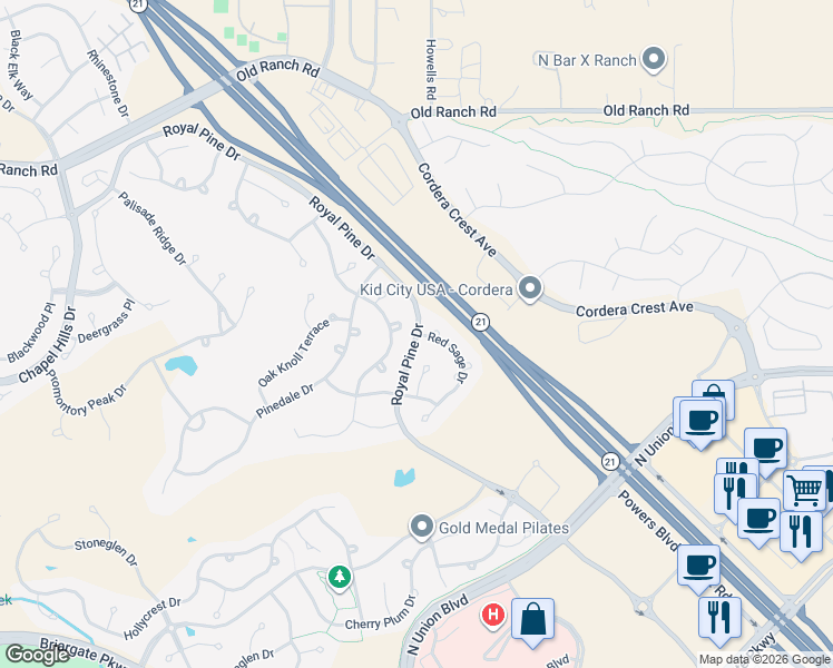 map of restaurants, bars, coffee shops, grocery stores, and more near Royal Pine Dr & Red Sage Dr in Colorado Springs