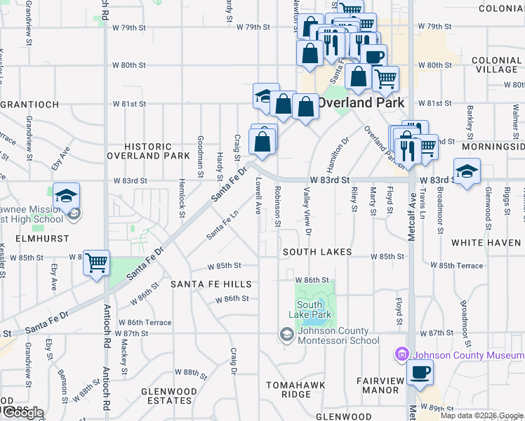 map of restaurants, bars, coffee shops, grocery stores, and more near 8325 Lowell Avenue in Overland Park
