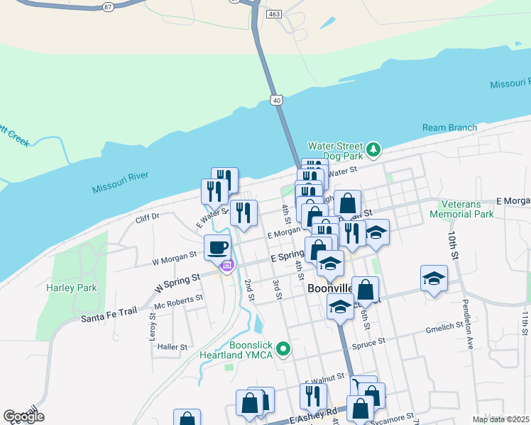 map of restaurants, bars, coffee shops, grocery stores, and more near 319 High St in Boonville