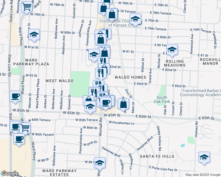 map of restaurants, bars, coffee shops, grocery stores, and more near 206 West 83rd Terrace in Kansas City