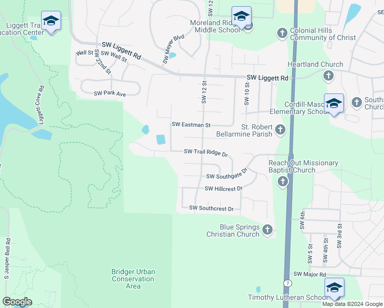 map of restaurants, bars, coffee shops, grocery stores, and more near 1208 Southwest Trail Ridge Drive in Blue Springs