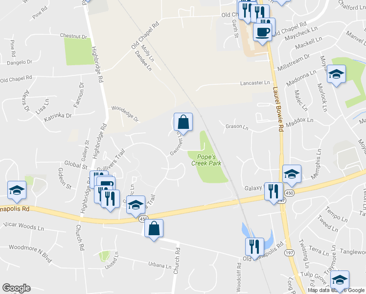 map of restaurants, bars, coffee shops, grocery stores, and more near 13902 Geoffrey Road in Bowie