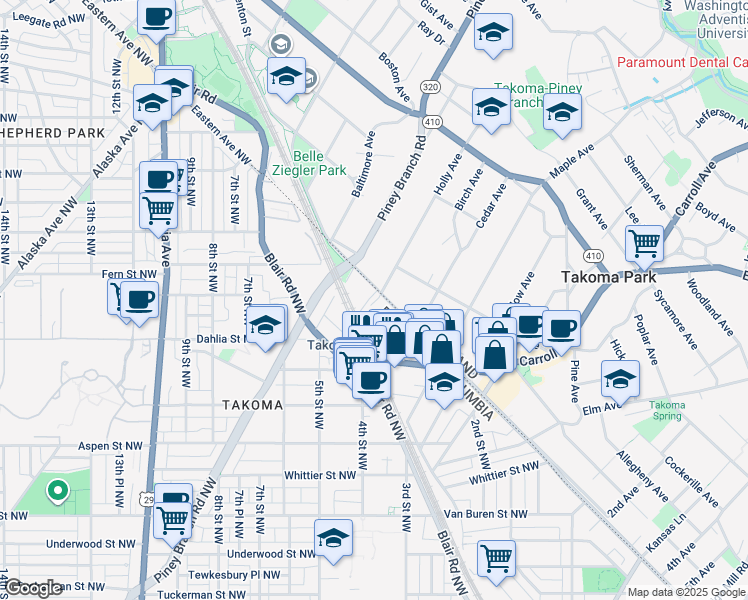map of restaurants, bars, coffee shops, grocery stores, and more near 7044 Eastern Avenue Northwest in Washington