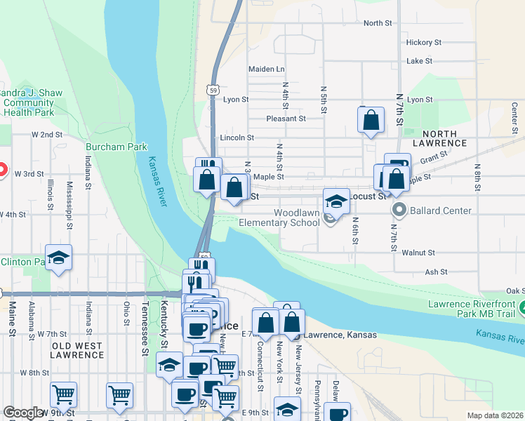 map of restaurants, bars, coffee shops, grocery stores, and more near 332 Locust St in Lawrence