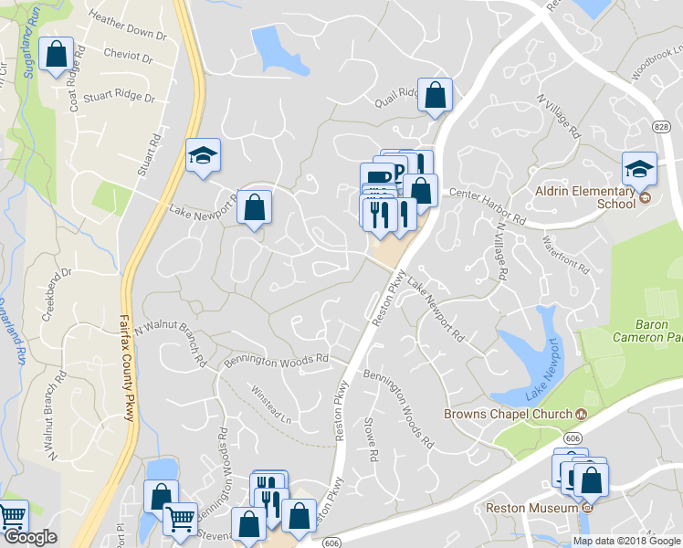 map of restaurants, bars, coffee shops, grocery stores, and more near 11719 Arbor Glen Way in Reston