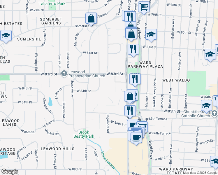 map of restaurants, bars, coffee shops, grocery stores, and more near 8329 Sagamore Road in Leawood