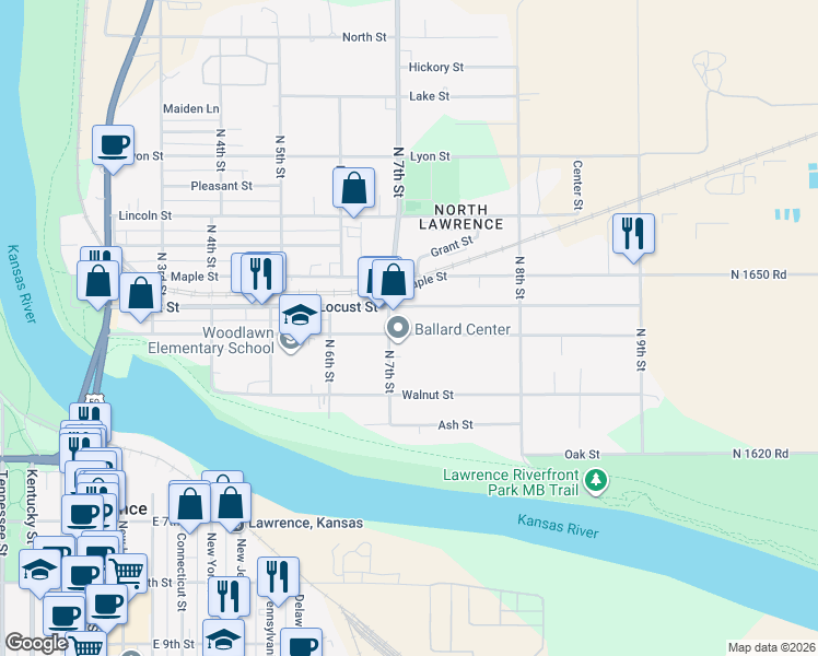 map of restaurants, bars, coffee shops, grocery stores, and more near 726 Locust Street in Lawrence
