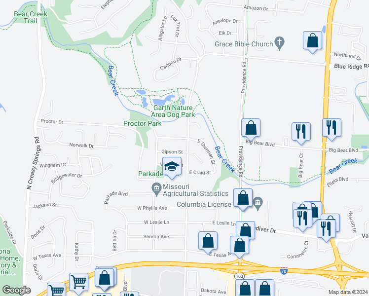 map of restaurants, bars, coffee shops, grocery stores, and more near 101 Gipson Street in Columbia