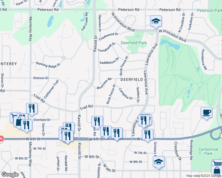 map of restaurants, bars, coffee shops, grocery stores, and more near 3205 Riverview Road in Lawrence