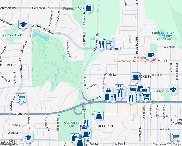 map of restaurants, bars, coffee shops, grocery stores, and more near 326 Northwood Lane in Lawrence