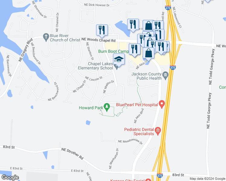 map of restaurants, bars, coffee shops, grocery stores, and more near 3560 Northeast Independence Avenue in Lee's Summit
