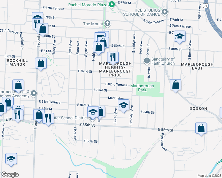 map of restaurants, bars, coffee shops, grocery stores, and more near 1830 East 83rd Street in Kansas City