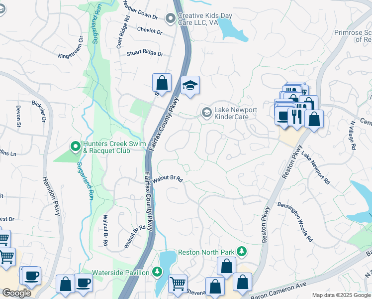 map of restaurants, bars, coffee shops, grocery stores, and more near 1556 Poplar Grove Drive in Reston