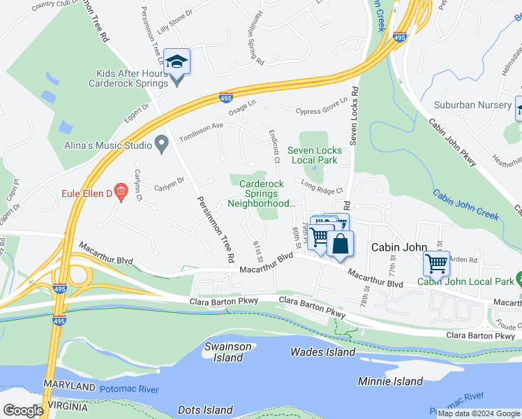 map of restaurants, bars, coffee shops, grocery stores, and more near 6623 81st St in Bethesda