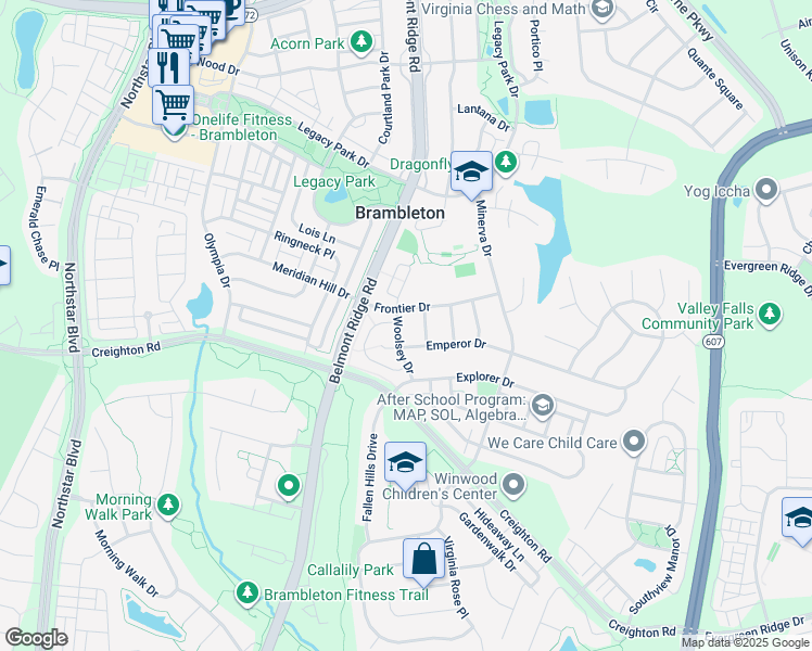 map of restaurants, bars, coffee shops, grocery stores, and more near 23126 Woolsey Drive in Brambleton