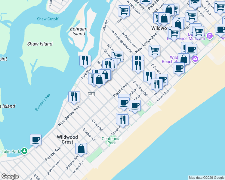 map of restaurants, bars, coffee shops, grocery stores, and more near 122 East Cardinal Road in Wildwood Crest
